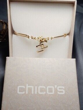 NWT Chico's Gold Tone CC Crystal Charm Bracelet in Gift Box